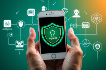 Smartphone protegido por antivírus com ícones de segurança