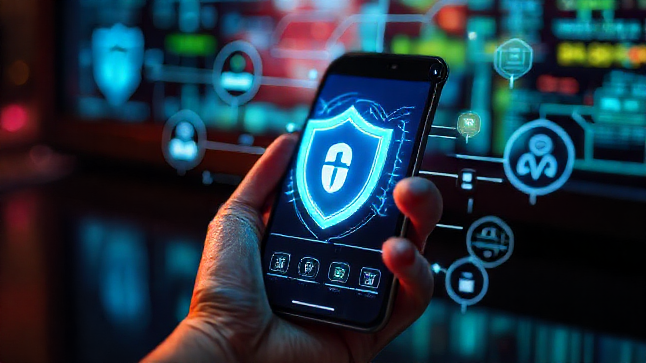 Tela de smartphone com ícones de segurança e proteção antivírus