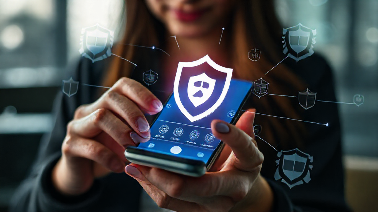 Imagem mostrando um celular seguro com um ícone de antivírus.