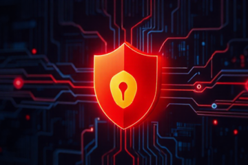 Ilustração de um escudo digital representando proteção e segurança de dados contra ameaças cibernéticas.