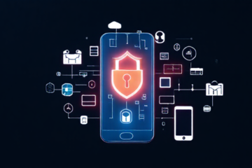 Ilustração de um celular protegido por um antivírus eficiente contra malware.