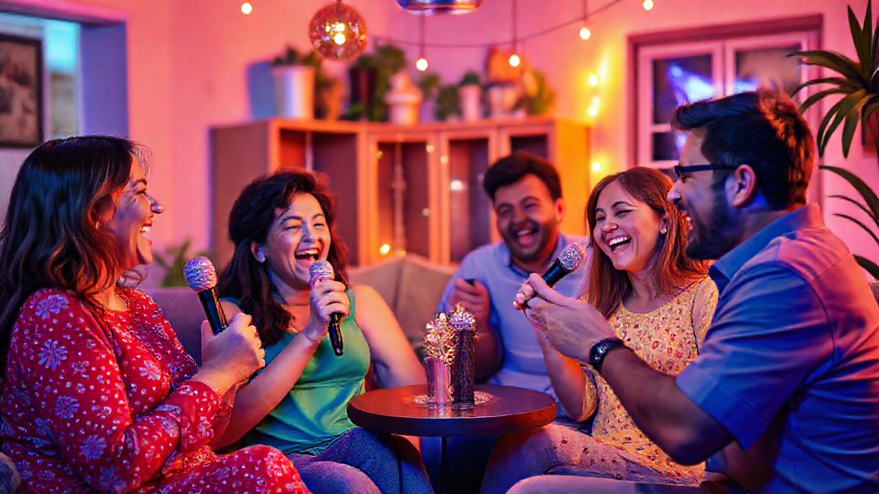 Família reunida cantando em um karaokê com microfones, criando uma atmosfera divertida e envolvente.