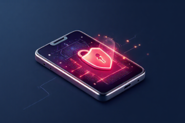 Imagem de destaque mostrando um smartphone com um escudo de proteção digital, simbolizando segurança máxima e proteção antivírus.