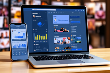 Imagem ilustrativa de um aplicativo de otimização para Facebook mostrando gráficos e métricas de engajamento.