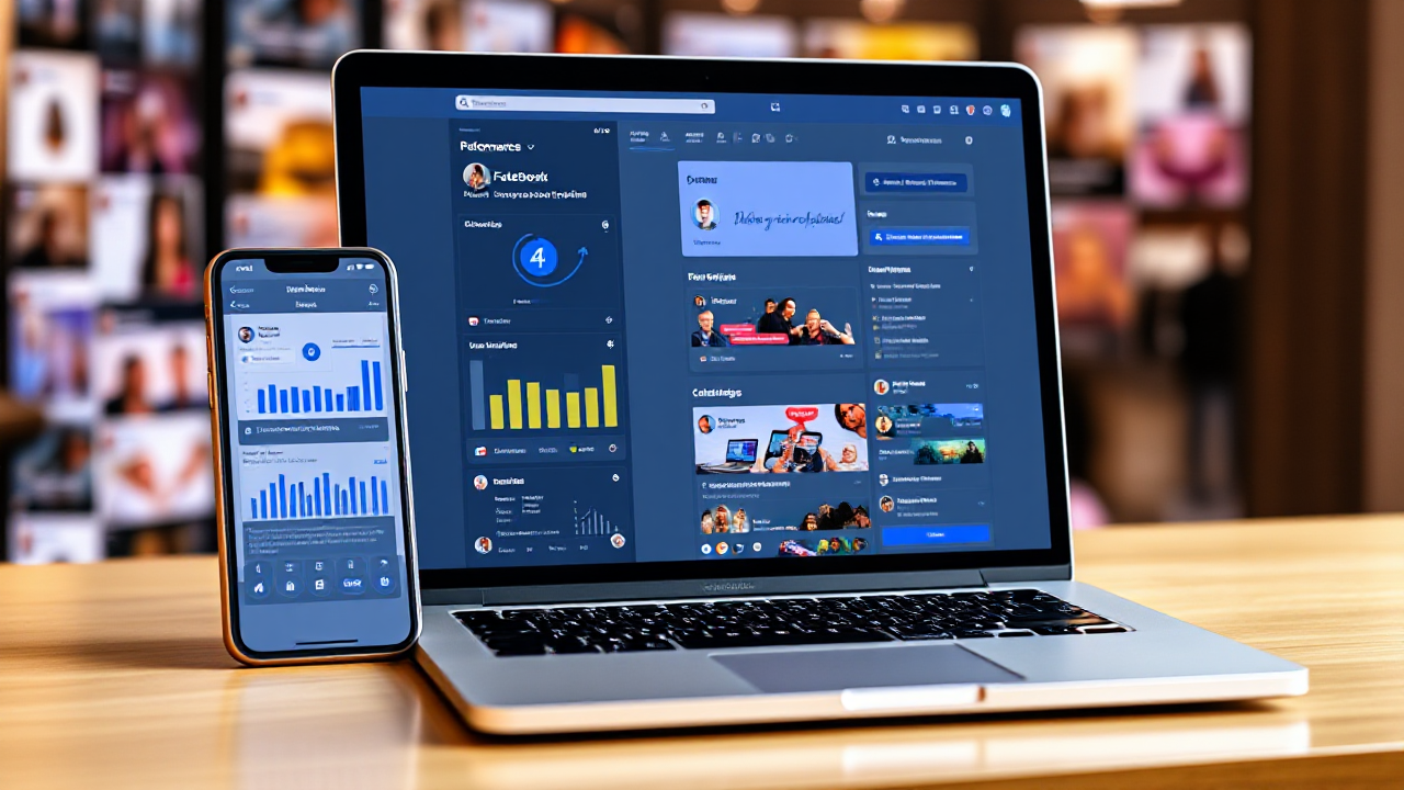 Imagem ilustrativa de um aplicativo de otimização para Facebook mostrando gráficos e métricas de engajamento.