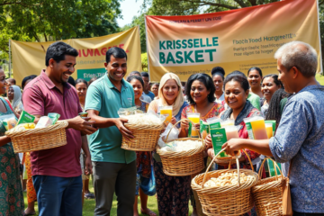 Illustrative image of a basic food basket full of basic foods such as rice, beans and oil, symbolizing social assistance in Brazil.