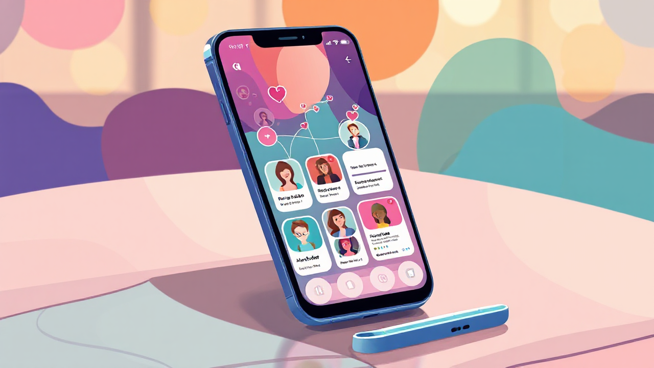 Imagem mostrando a interface de um aplicativo de relacionamento com perfis e mensagens.