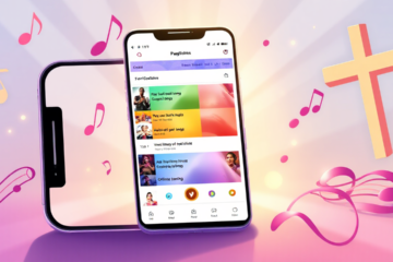 Imagem mostrando um aplicativo para ouvir música gospel no Android e iOS, destacando recursos como playlists e rádio ao vivo.