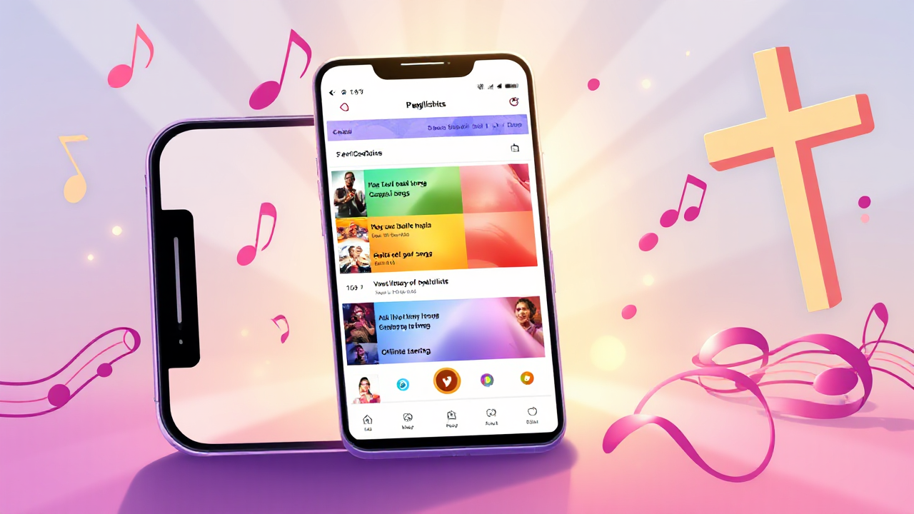 Imagem mostrando um aplicativo para ouvir música gospel no Android e iOS, destacando recursos como playlists e rádio ao vivo.