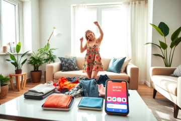 Imagem destacando a área escondida da SHEIN para itens grátis, mostrando roupas disponíveis para teste.