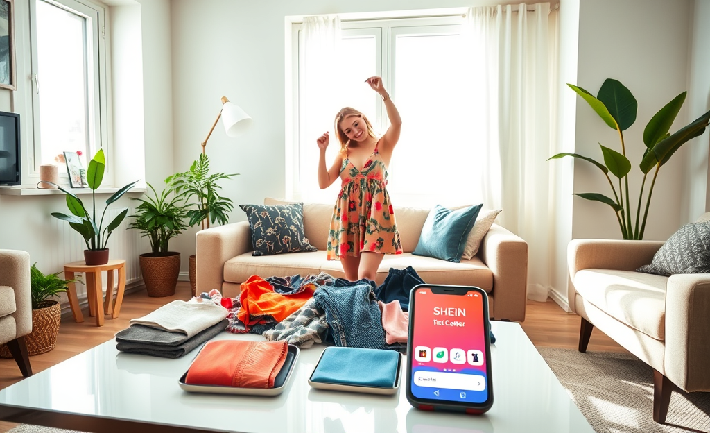 Imagem destacando a área escondida da SHEIN para itens grátis, mostrando roupas disponíveis para teste.